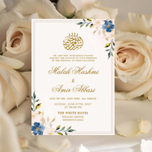 Blå och vit Blommigt Guld Design Islamiska Bröllop Inbjudningar