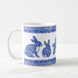 Blå och vit Blommigt Kanin Bunnies Cute Whimsical Kaffemugg