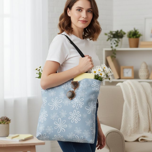 Blå och vit Blommigt med Flower Power Light Tygkasse (Flower Power Light Blue and White Floral Tote Bag)