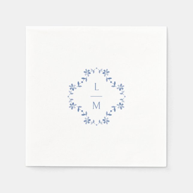 Blå och vit Blommigt Monogrammed Bröllop Pappersservett (Framsidan)