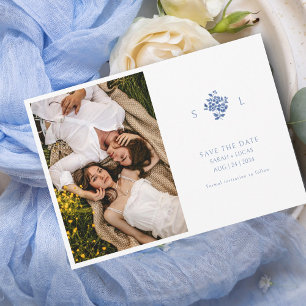 Blå och vit Blommigt Monogrammed Bröllop-platta Spara Datumet