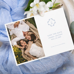 Blå och vit Blommigt Monogrammed Bröllop-platta Spara Datumet