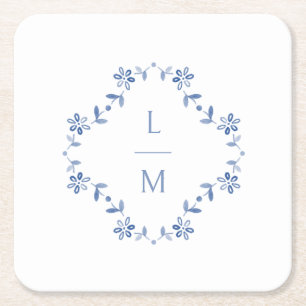 Blå och vit Blommigt Monogrammed Bröllop Underlägg Papper Kvadrat