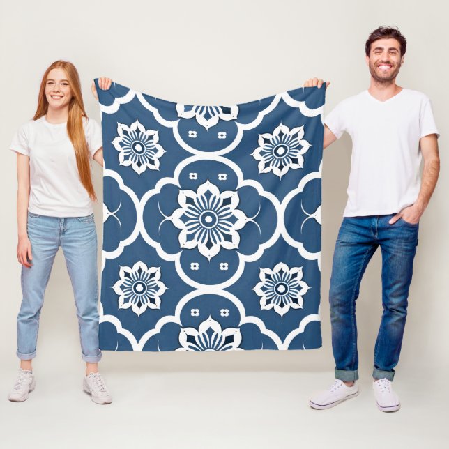 Blå och vit blommigt Mosaic mönster Fleecefilt (På plats)