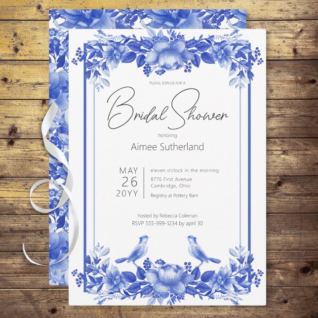 Blå och vit Blommigt Porcelain-Möhippa Inbjudningar (Blue & White Floral Porcelain Bridal Shower Invitation)