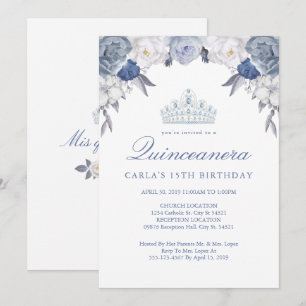 Blå och vit Blommigt Quinceanera-inbjudningar Inbjudningar