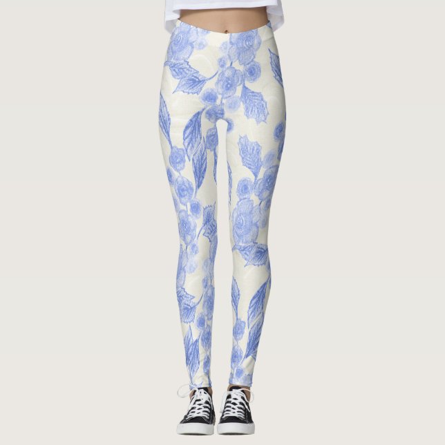 Blå och vit Blommigt Ro Leggings (Framsida)