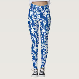 Blå och vit Blommigt som repar Mönster Leggings