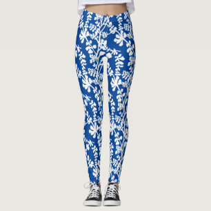 Blå och vit Blommigt som repar Mönster Leggings
