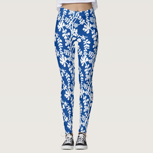Blå och vit Blommigt som repar Mönster Leggings (Framsida)