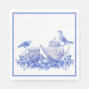 Blå och vit Blommigt Tea Pot med fåglar Pappersservett