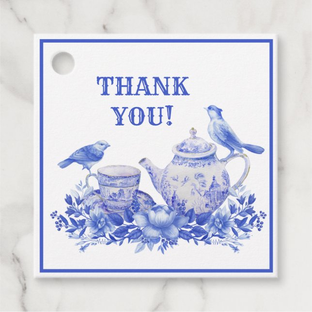 Blå och vit Blommigt Tea Pot | Mors dag Favo Gåvor Etiketter (Framsida)