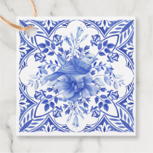 Blå och vit Blommigt Tile med Bird Gåvor Etiketter