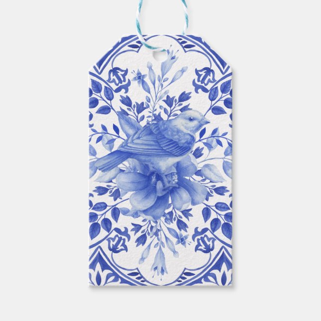 Blå och vit Blommigt Tile med Bird Presentetikett (Framsidan)