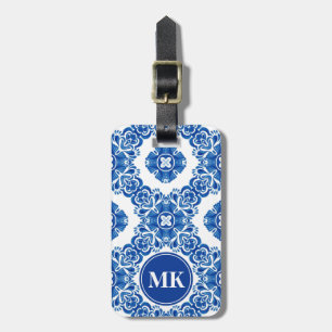 Blå och vit Blommigt Vattenfärg Parisian Monogram Bagagebricka