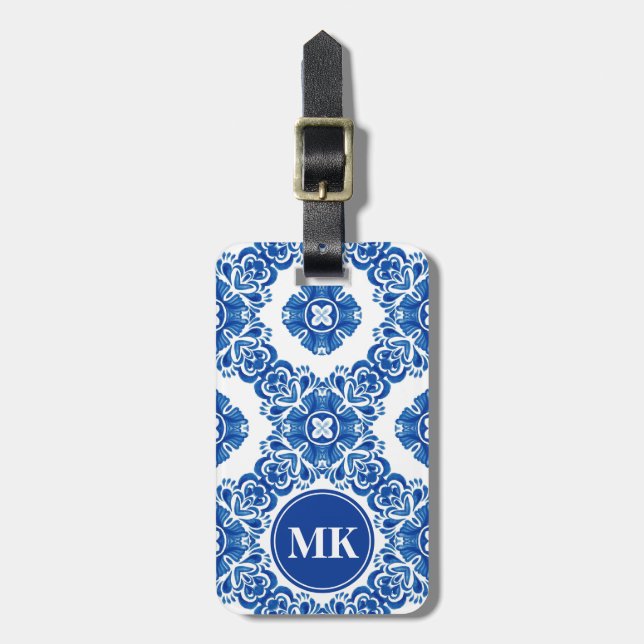 Blå och vit Blommigt Vattenfärg Parisian Monogram Bagagebricka (Vertikal Framsida)