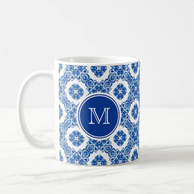 Blå och vit Blommigt Vattenfärg Parisian Monogram Kaffemugg (Vänster)