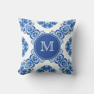 Blå och vit Blommigt Vattenfärg Parisian Monogram Kudde