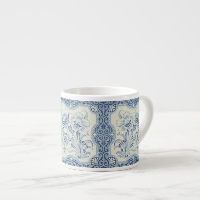 Blå och vit Blommigt Victorian Majolica Antique Espressomugg (Framsida höger)