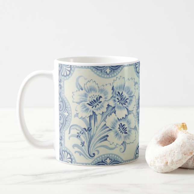 Blå och vit Blommigt Victorian Majolica Antique Kaffemugg (Med munk)