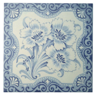 Blå och vit Blommigt Victorian Majolica Antique Kakelplatta