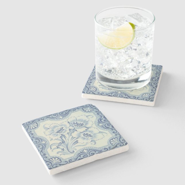 Blå och vit Blommigt Victorian Majolica Antique Stenunderlägg (Sidan)