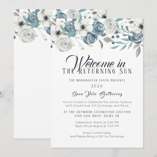 Blå och vit Blommigt Yule Winter Solstice Inbjudningar (Fram/baksida)