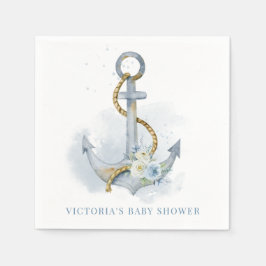 Blå och vit blomsterankare Nautilus Baby Shower Pappersservett