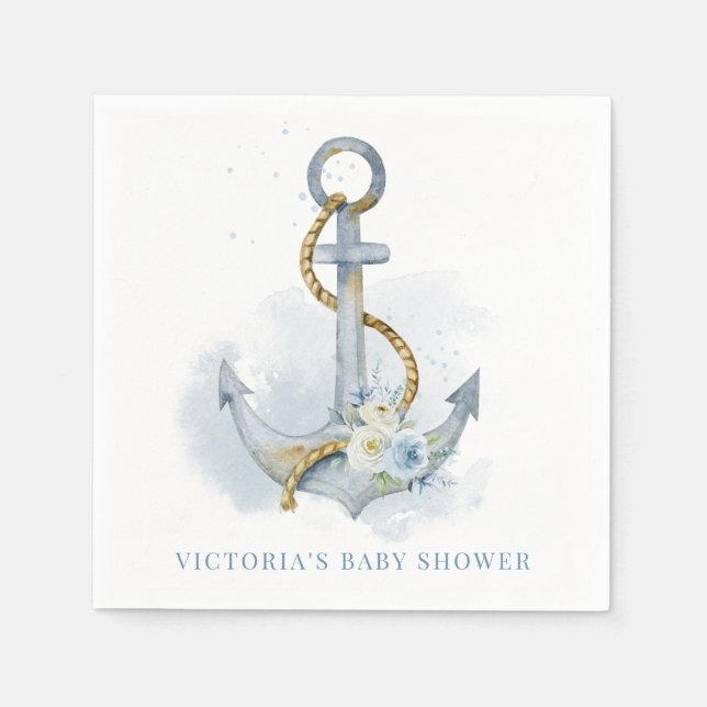 Blå och vit blomsterankare Nautilus Baby Shower Pappersservett (Framsidan)
