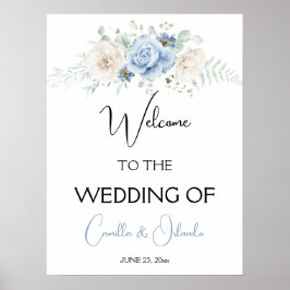 Blå och vit blomsterbukett Välkommen till vår bröl Poster