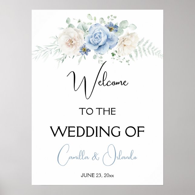 Blå och vit blomsterbukett Välkommen till vår bröl Poster (Framsidan)