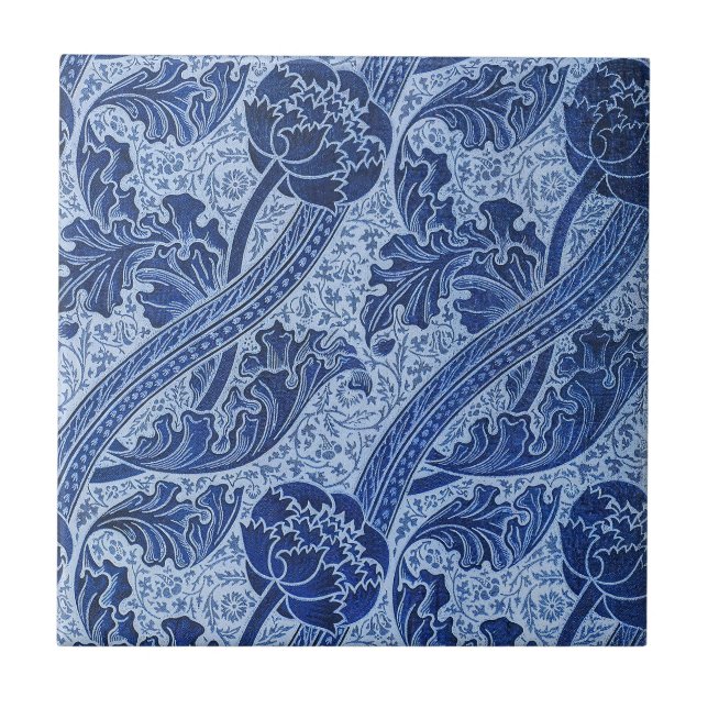 Blå och vit blomsterdekor i William Morris-stil Kakelplatta (Framsidan)
