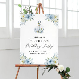 Blå och vit blomsterdekoration för födelsedagsfira poster