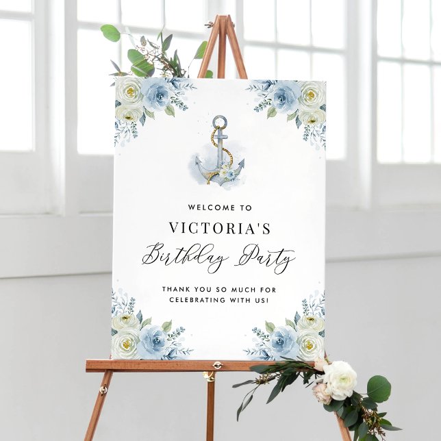 Blå och vit blomsterdekoration för födelsedagsfira poster (A customizable birthday party welcome sign featuring a soft watercolor floral anchor design.)