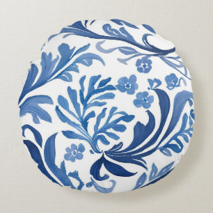 Blå och vit blomsterdesign Chinoiserie-mönster Rund Kudde
