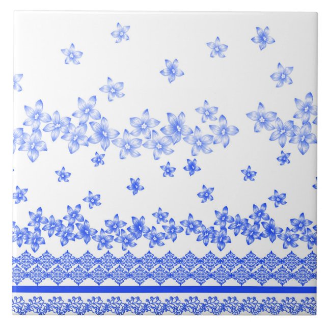 Blå och vit blomsterdesign, kakelplatta (Framsidan)