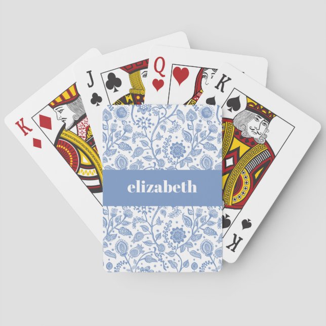 Blå och vit blomsterdesign med anpassat namn, mode casinokort (Baksidan)