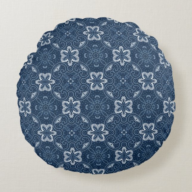 Blå och vit blomsterdesign Rund kastkudde Kudde (Framsidan)
