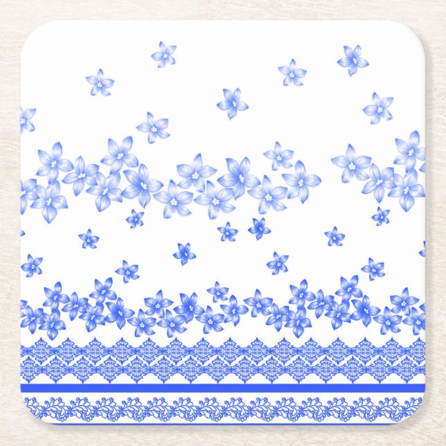 Blå och vit blomsterdesign, underlägg papper kvadrat (Framsidan)