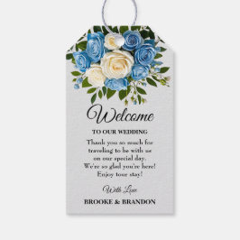 Blå och vit blomsterformad välkomsttagg presentetikett