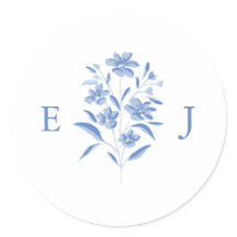 Blå och vit blomsterformgivning vigselmonogrammärk
