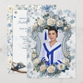 Blå och vit blomsterfotografi examensinbjudan inbjudningar