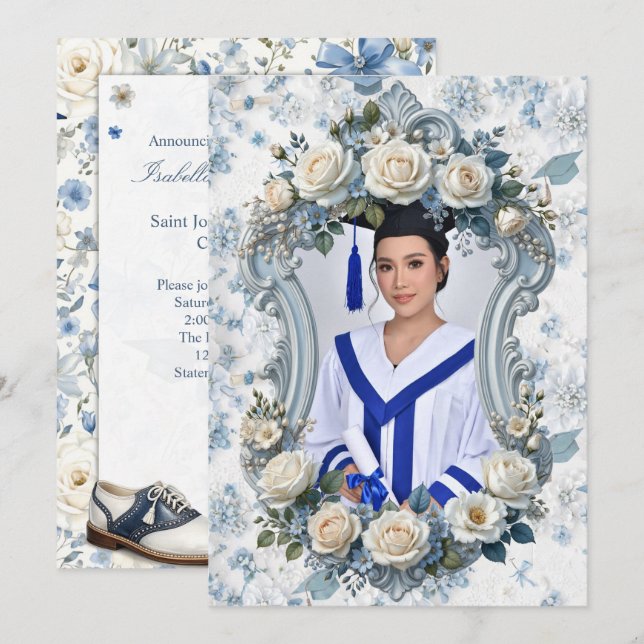 Blå och vit blomsterfotografi examensinbjudan inbjudningar (Fram/baksida)