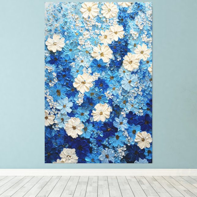 Blå och vit blomstergradient Abstrakt väggkonst Canvastryck (Insitu (trägolv))