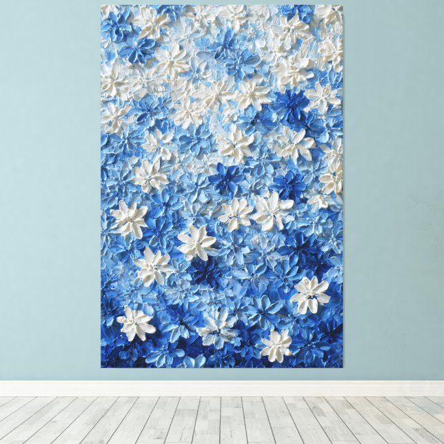 Blå och vit blomstermönstrad abstrakt väggkonst canvastryck (Insitu (trägolv))