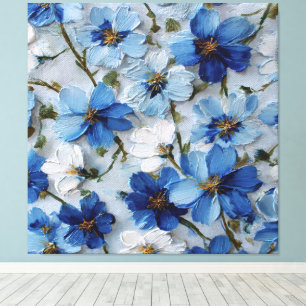 Blå och vit blomsteroljebaserad abstrakt väggkonst canvastryck