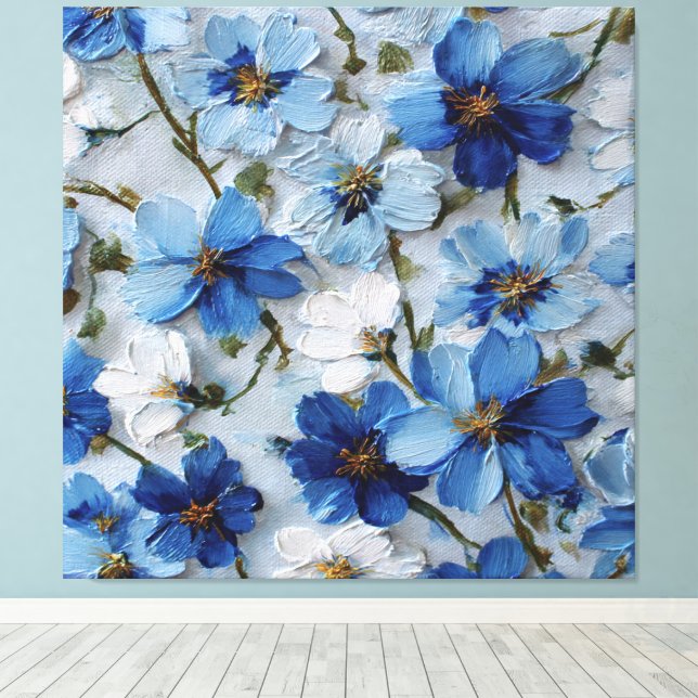 Blå och vit blomsteroljebaserad abstrakt väggkonst canvastryck (Insitu (trägolv))