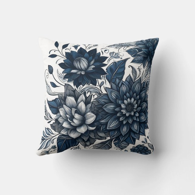 Blå och vit bohemisk blommig tryck kudde (Baksida)