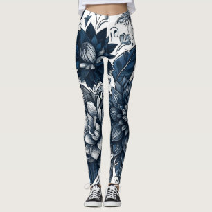 Blå och vit bohemisk Blommigt Skriv ut Leggings