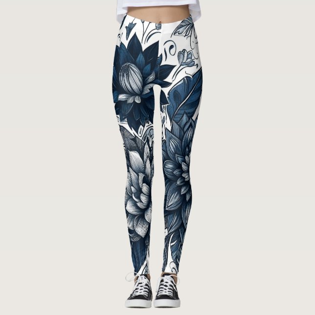 Blå och vit bohemisk Blommigt Skriv ut Leggings (Framsida)
